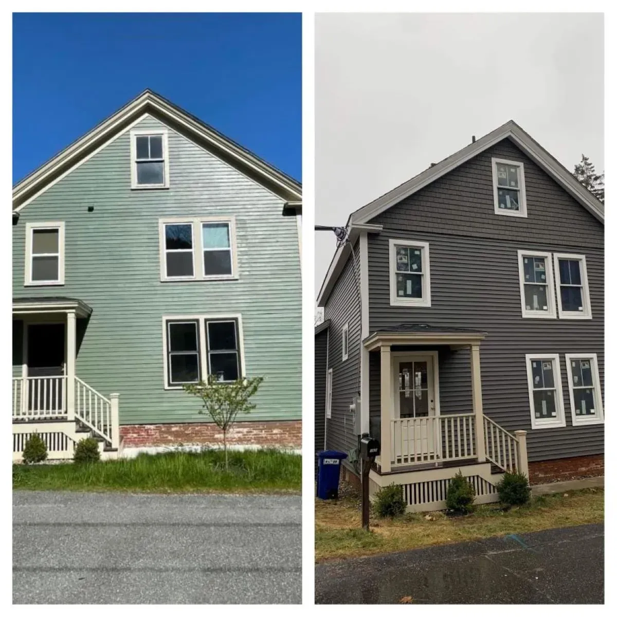 Before-and-after photo of a house: light green siding replaced with gray, windows upgraded, porch updated.
