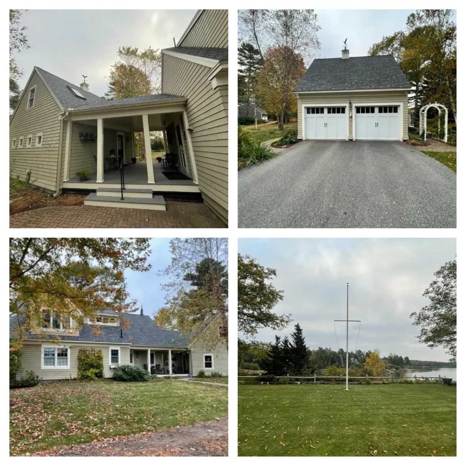 A collage shows four different views of a white house with a gray roof and attached garage.